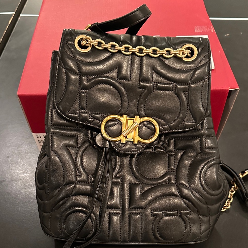 Salvatore Ferragamo Black Backpack with Gold Chain